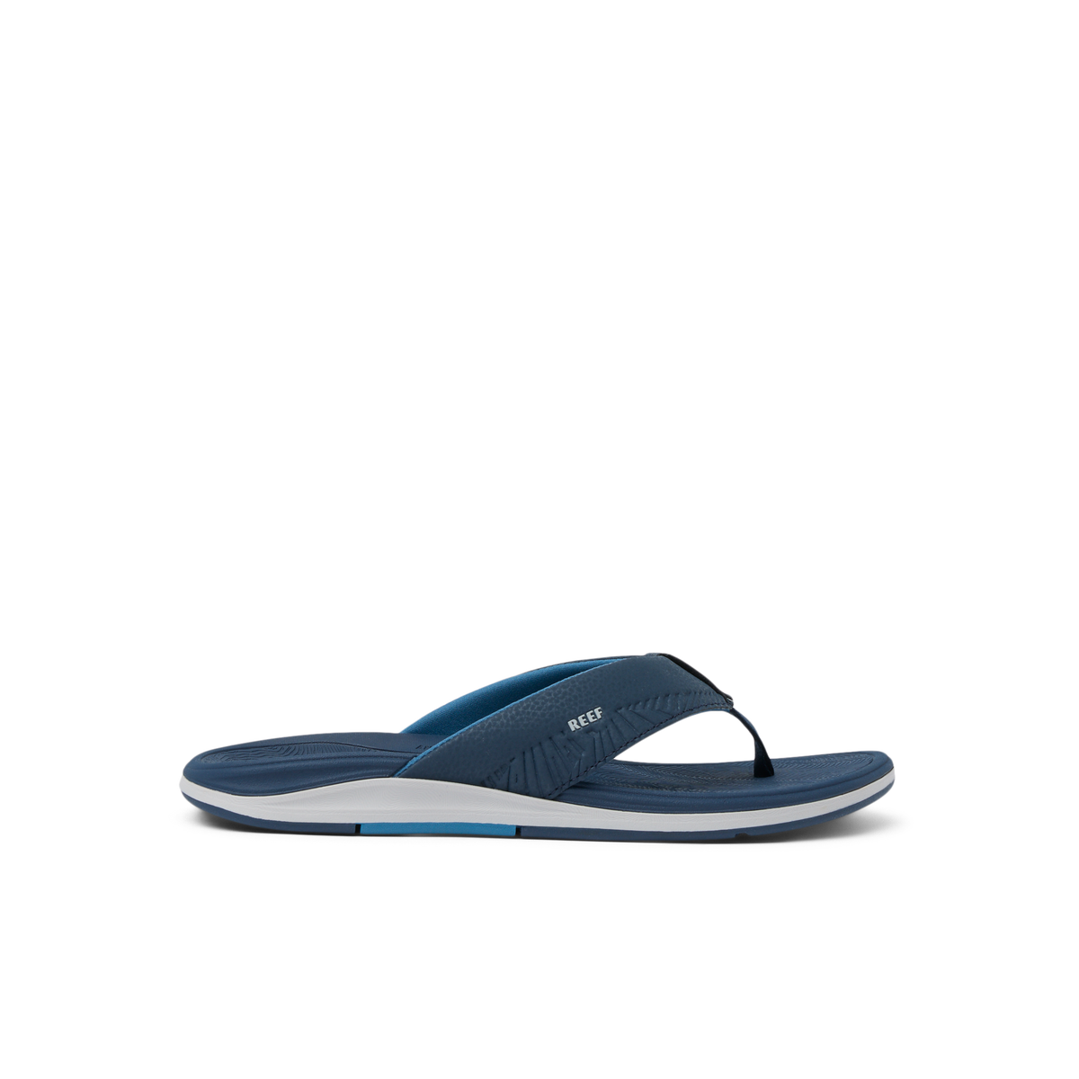 Offshore men's navy blue flip flop facing right with extra cushioning and anatomical arch support for beach comfort