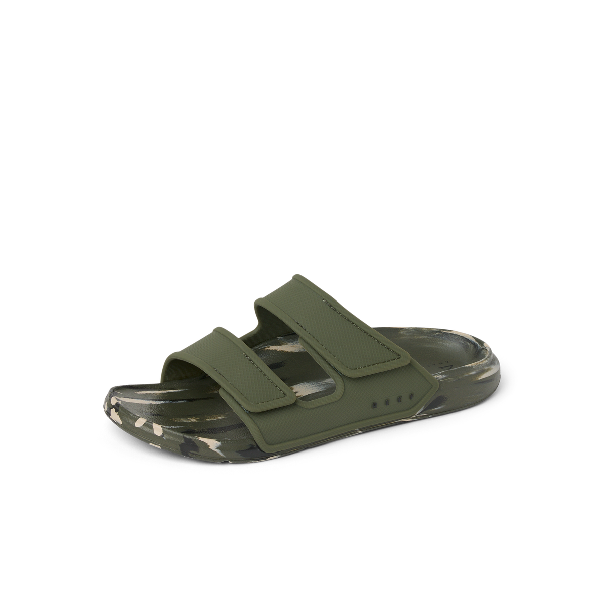 Oasis Adapt sandal for men facing left, close-up of upper straps and cushioned camo footbed, beach-inspired comfort