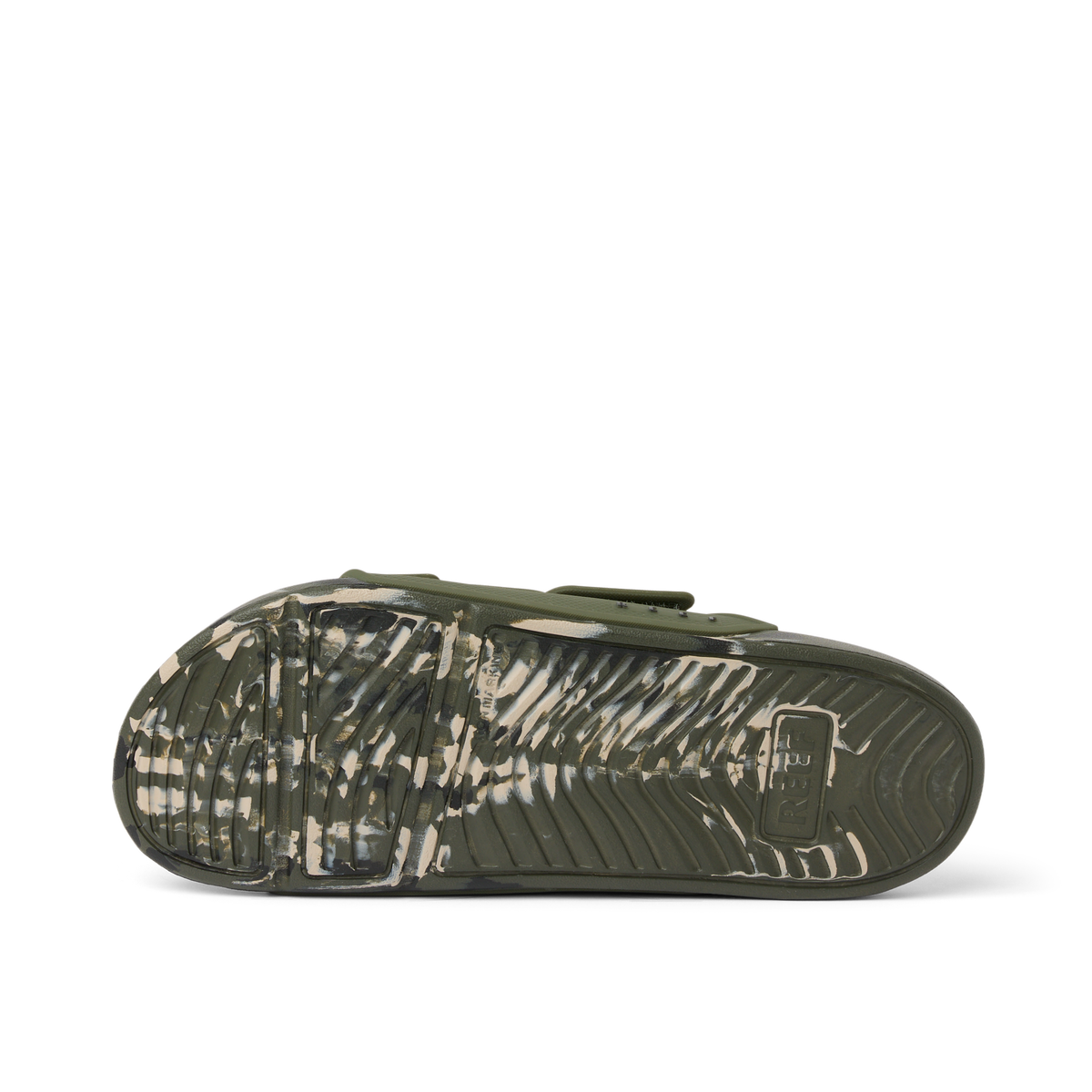 Oasis Adapt men's sandal outsole facing up, camo marble pattern, featuring durable, water-friendly materials and coastal comfort.