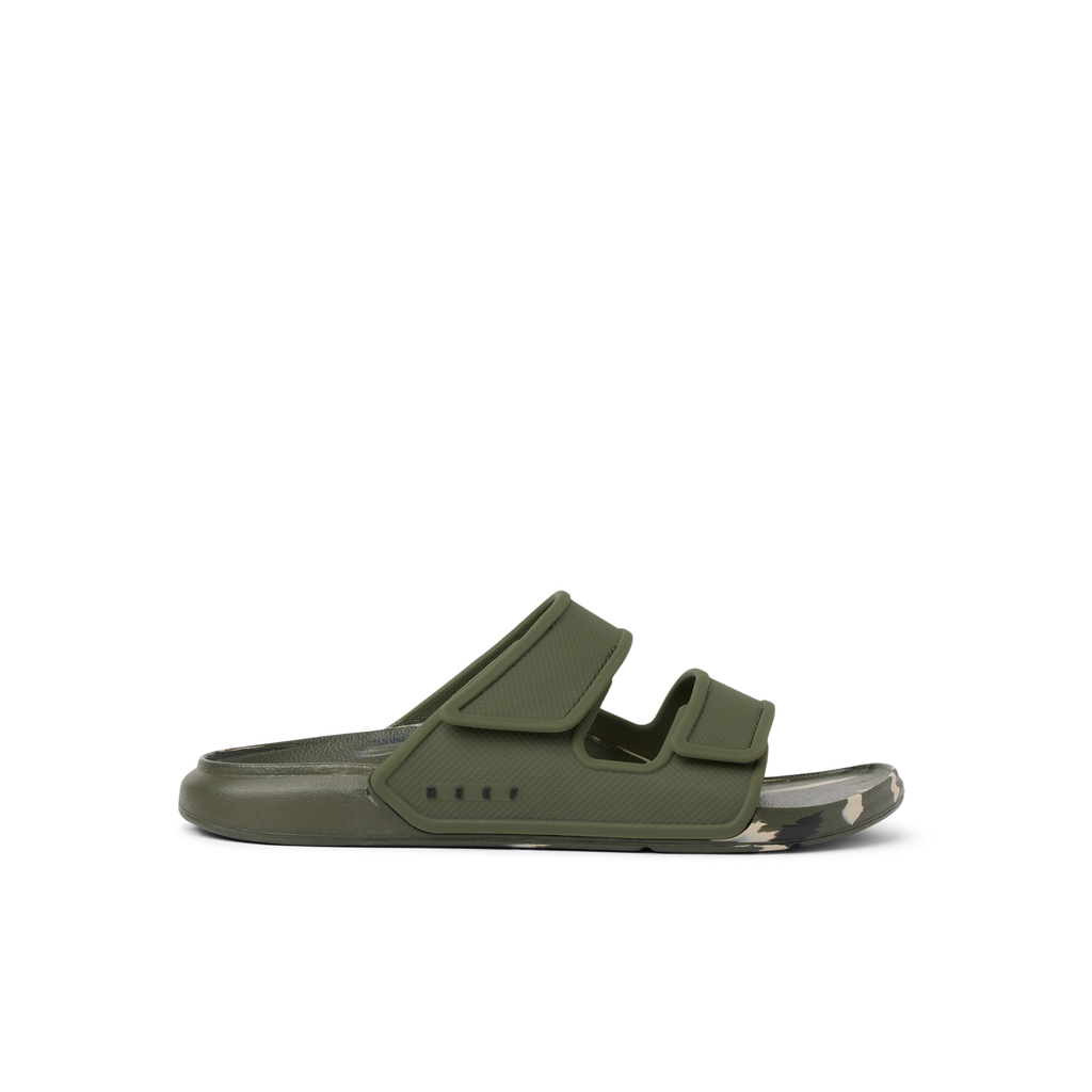 Oasis Adapt men's sandal facing left, close-up of straps and cushioned footbed with camo marble sole, beach comfort design