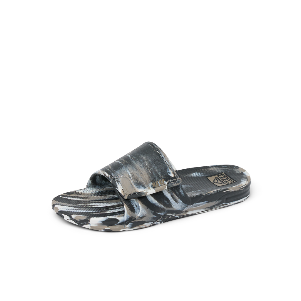Fanning Slide H2O facing right, close-up of water-friendly, camo marble slide with arch support and cushioning.