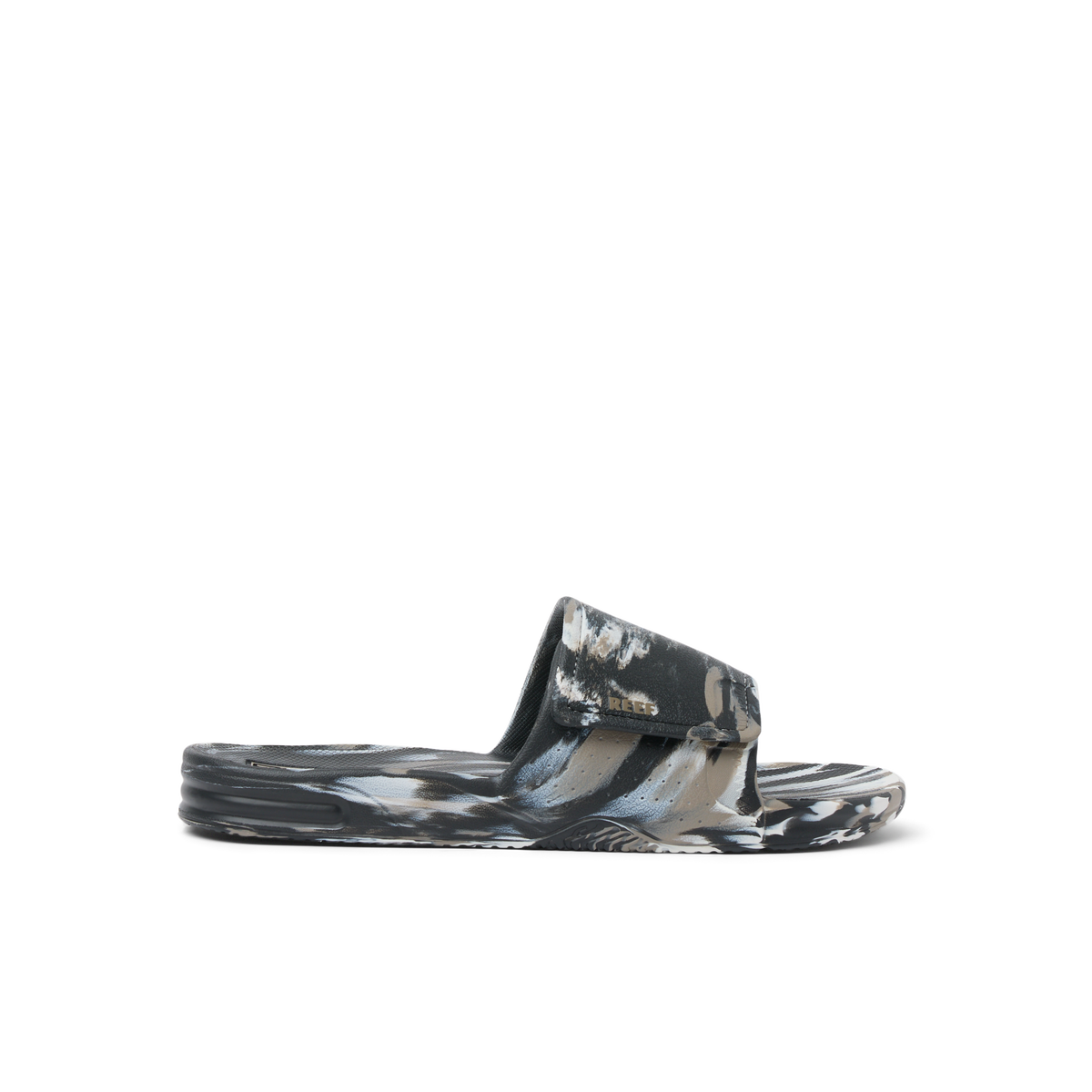 Fanning Slide H2O sandal facing left, camo marble pattern, showing side and top strap with arch support and cushioning.