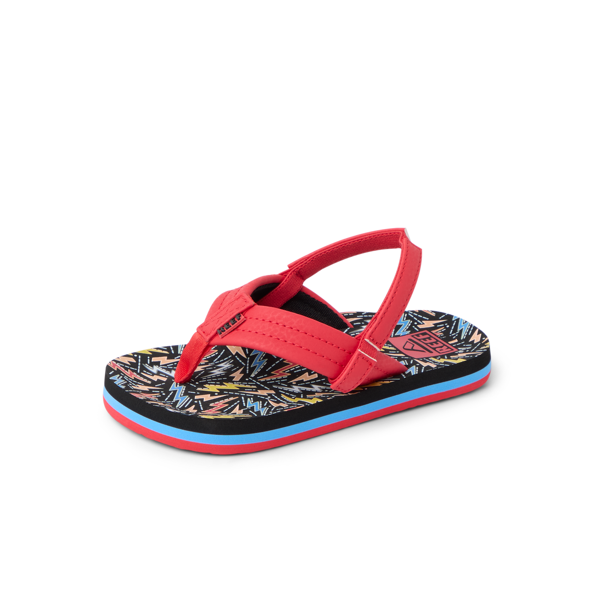 Little Ahi toddler boys' sandal facing left, red straps, colorful patterned footbed with arch support and soft cushioning.