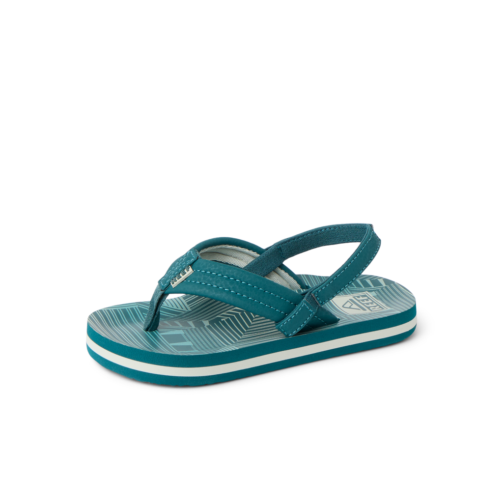 Little Ahi boys' sandal facing left, showing top and side with soft cushioning and arch support in teal stripe design.