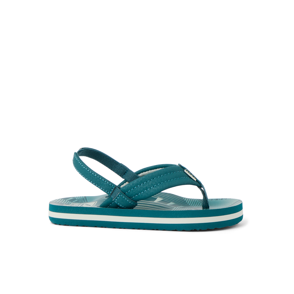 Little Ahi boys' sandal facing left, teal with striped footbed, featuring soft-rebound cushioning and arch support.
