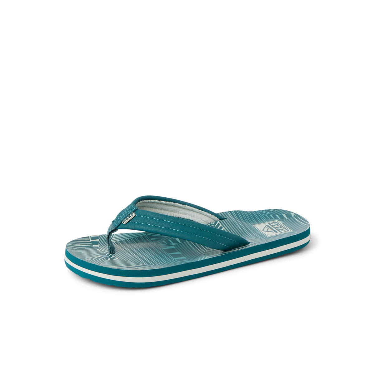 Kids Ahi teal striped flip flop facing right, close-up of footbed and straps with soft cushioning and arch support.
