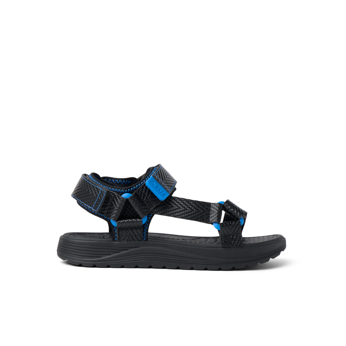 Kids Shoremazing sandal for boys facing right, black and blue with anatomical arch support and water-friendly materials.