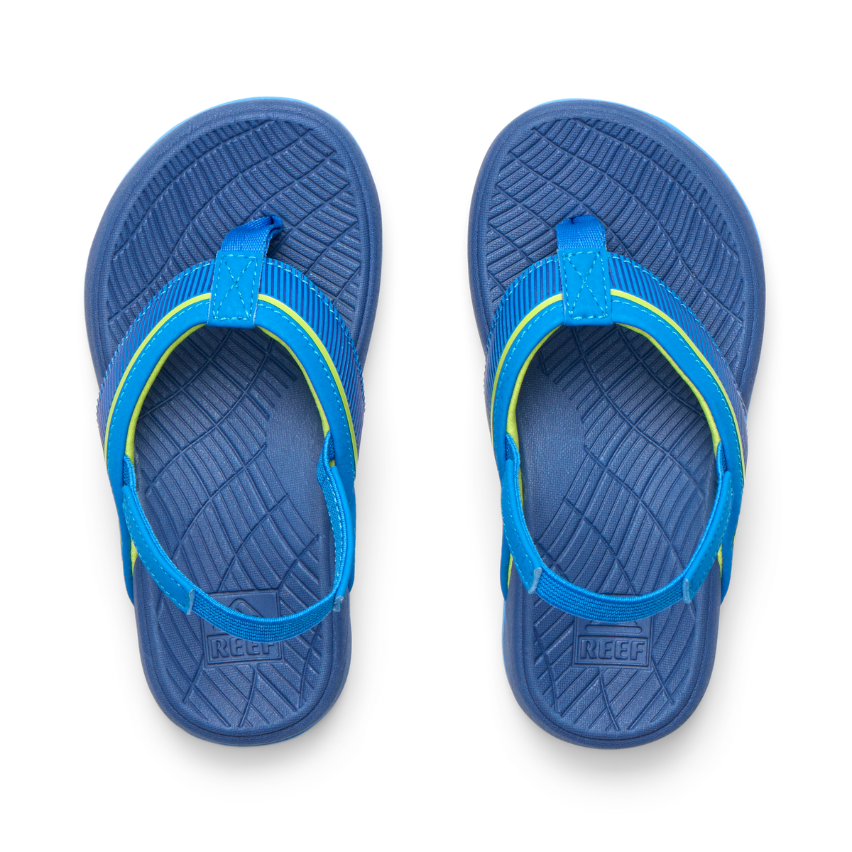 Top view of Little Windswell boys flip flops in blue with surf-inspired comfort, anatomical arch support, and water-friendly materials.