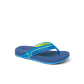 Kids Windswell blue and green flip flop facing left, close-up of side and top showing cushioned footbed and arch support.