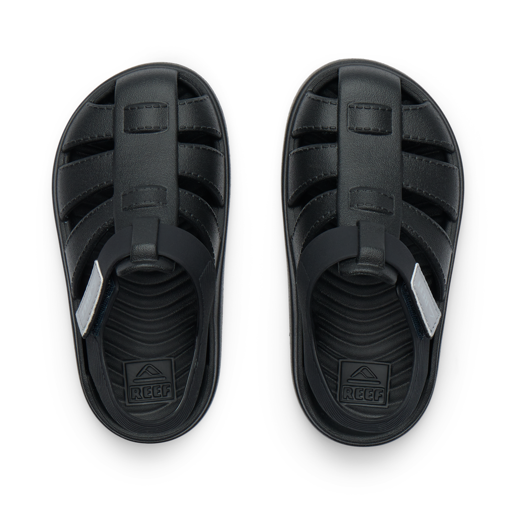 Top view of black Little Totally Beachin boys sandals featuring anatomical arch support and soft-rebound cushioning for comfort.
