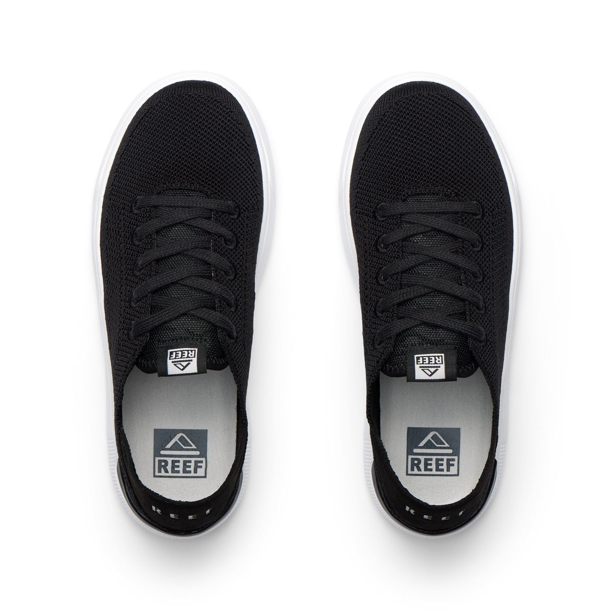 Top view of black Kids Neptune sneakers with breathable knit upper, white sole, and surf-inspired comfort design.
