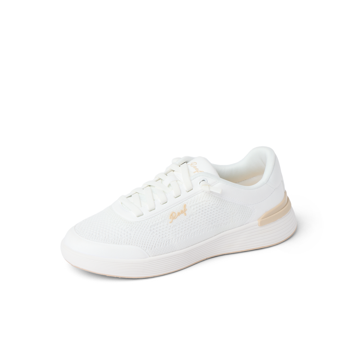Shoreline Palisades women’s white sneaker facing right with cushioned sole and breathable mesh upper for beach comfort