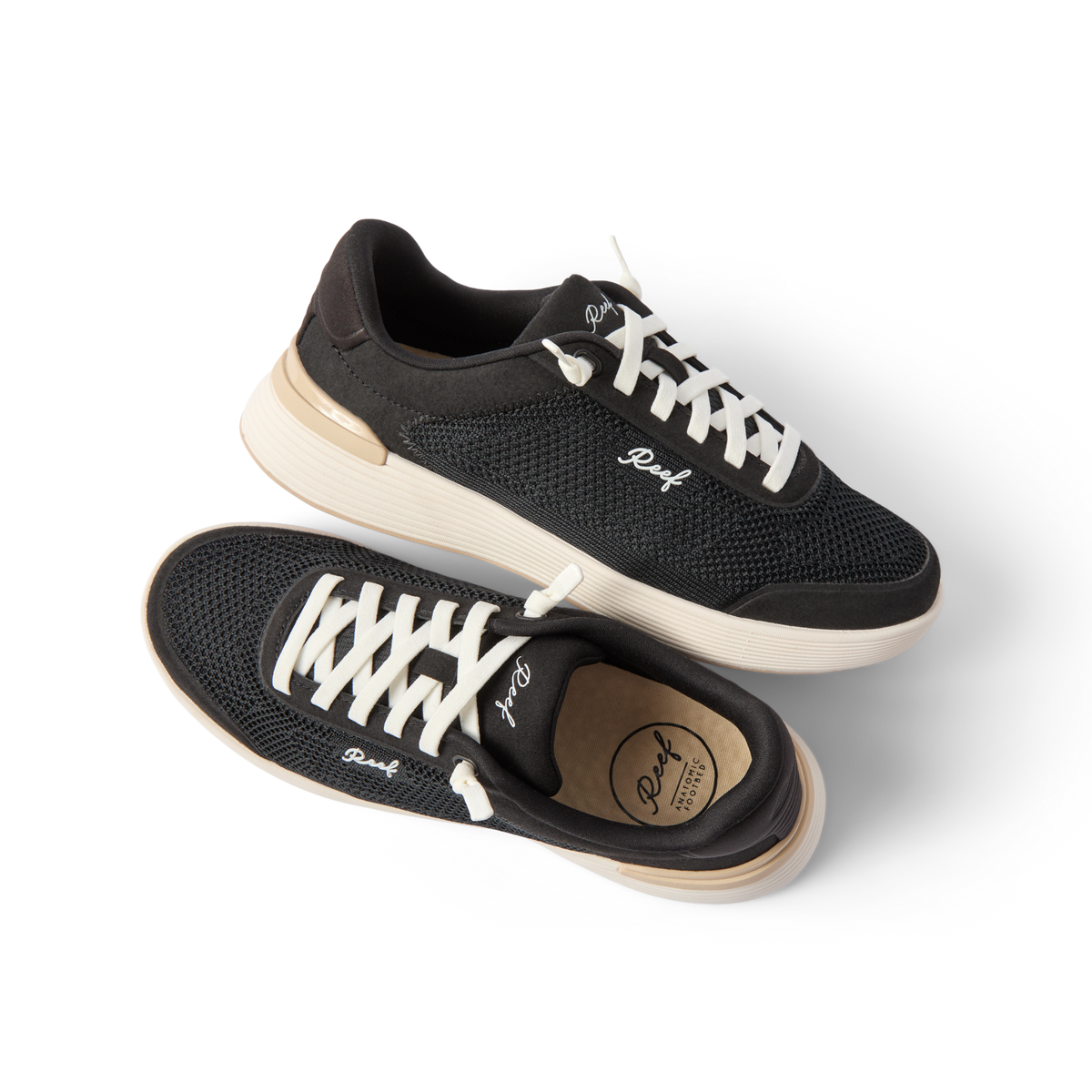 Pair of black Shoreline Palisades sneakers for women, right shoe facing right, left shoe top view, breathable mesh upper.
