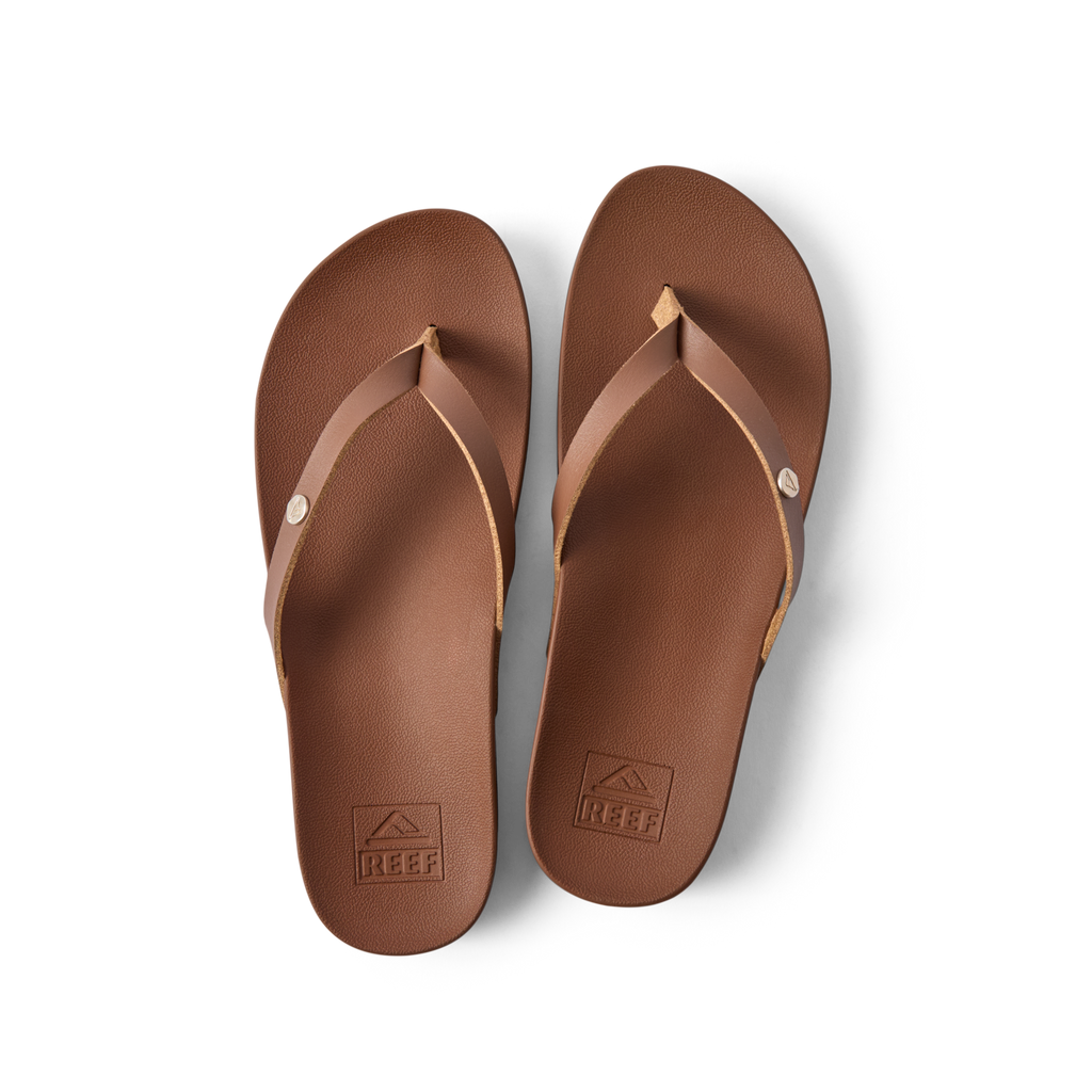 Vista Ivy brown women's sandals, top view showing footbed and straps facing upward, comfort-focused beach footwear.