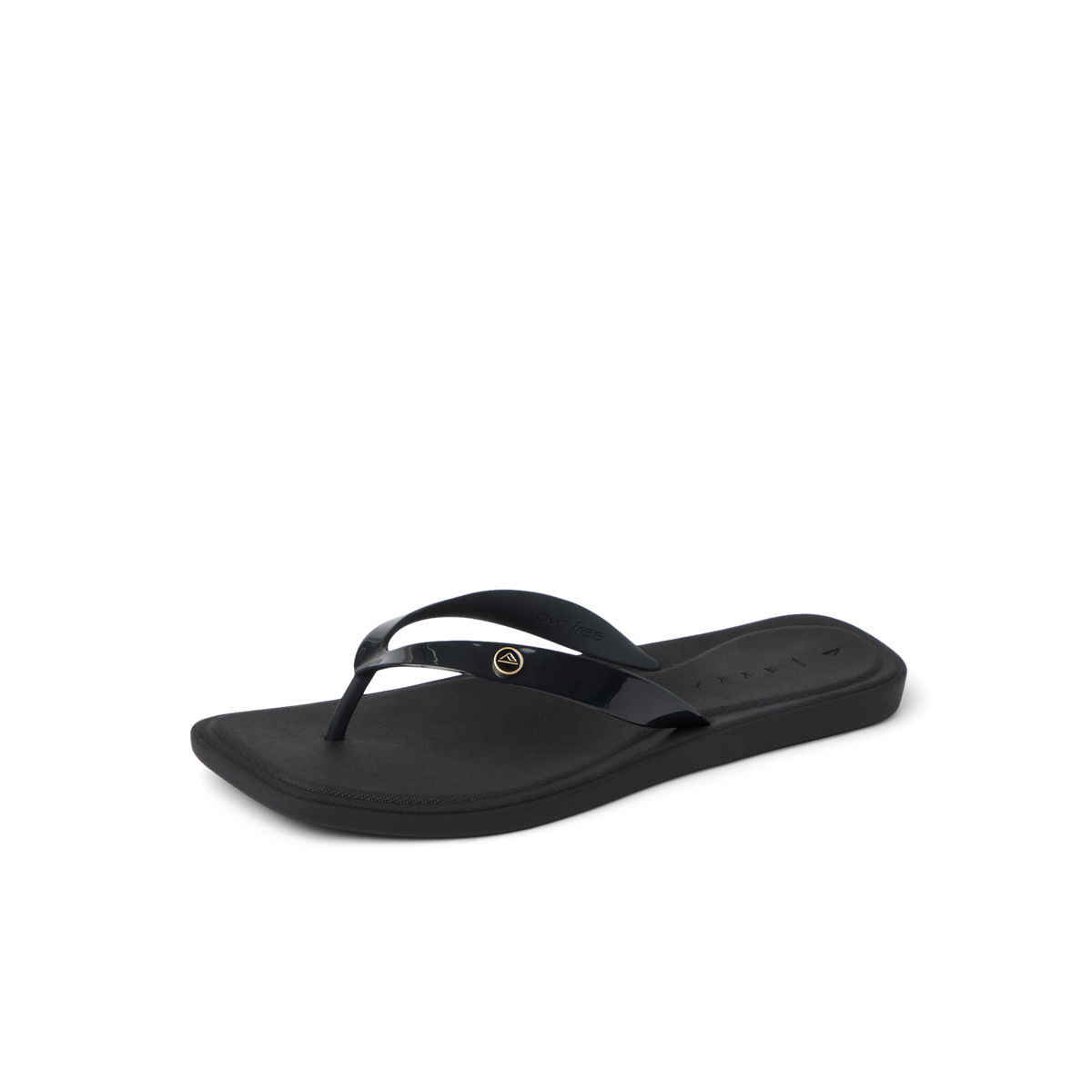 Solaye black women's flip flop facing left, close-up on toe post and cushioned footbed, beach-inspired comfort design.