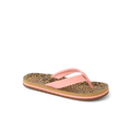 Kids Ahi sandal for girls, right-facing, leopard print footbed with pink straps, comfortable beach-inspired design.
