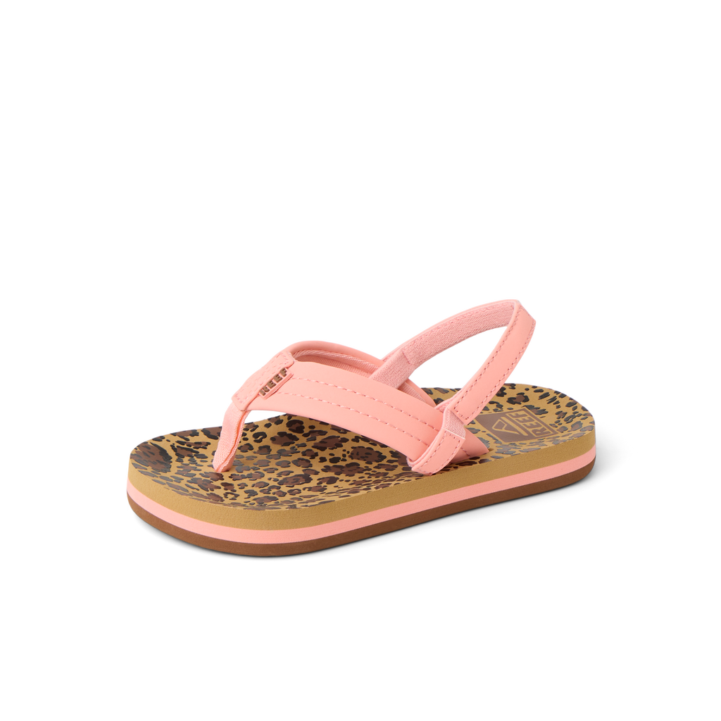 Little Ahi girls' sandal facing right, close-up of the top and side with leopard print footbed and pink straps.