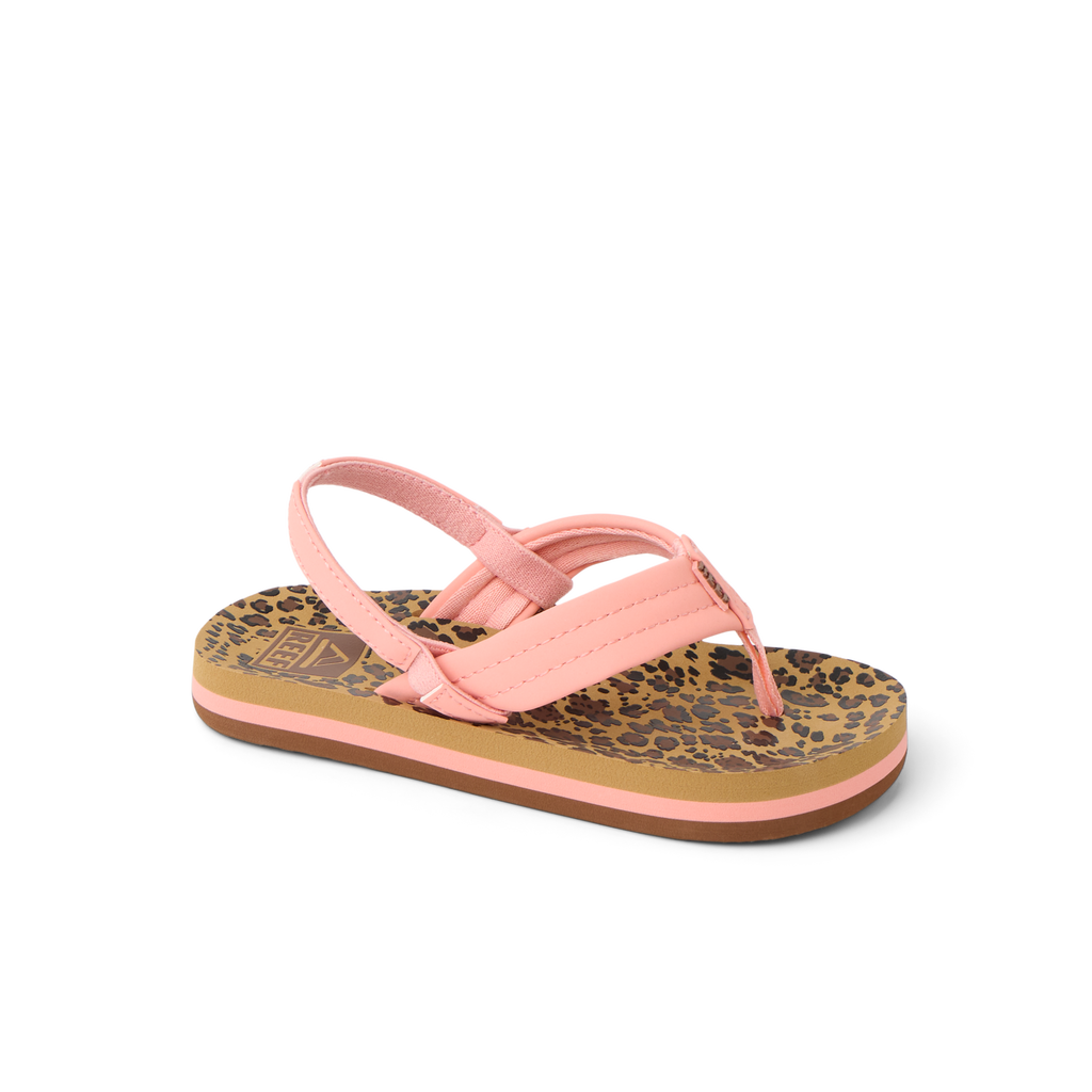 Little Ahi girls' sandal facing right, featuring leopard print footbed, pink straps, and comfort cushioning for beach wear.