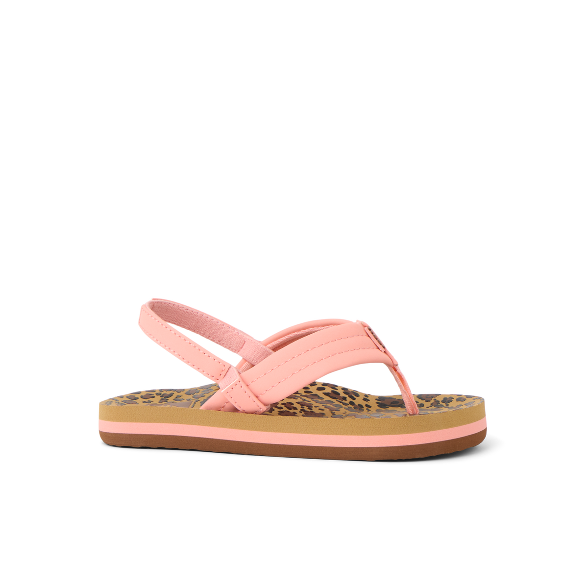 Little Ahi toddler girl’s sandal facing right, pink straps and leopard print footbed, beach-inspired comfort design.