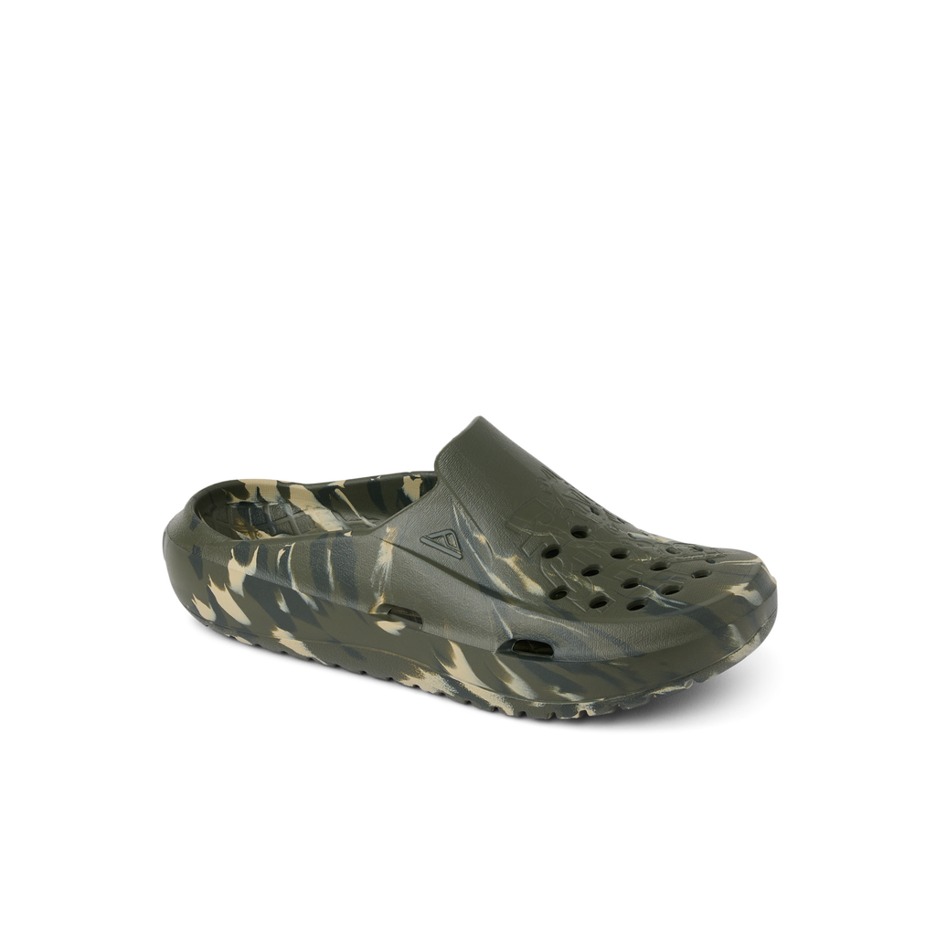Glider camo-print clog facing left, showing ventilated top with anatomical arch support and soft cushioning
