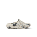 A single Croc-style clog shoe in a marbled cream, beige, black, and gray colorway, shown from a side profile on a clean white background.