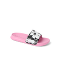 Kids Salty Slide left-facing with pink cushioned footbed and black-and-white floral strap, beach-inspired comfort design