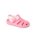 Little Totally Beachin pink girls’ sandal facing right, close-up of front and side with cushioned sole and arch support