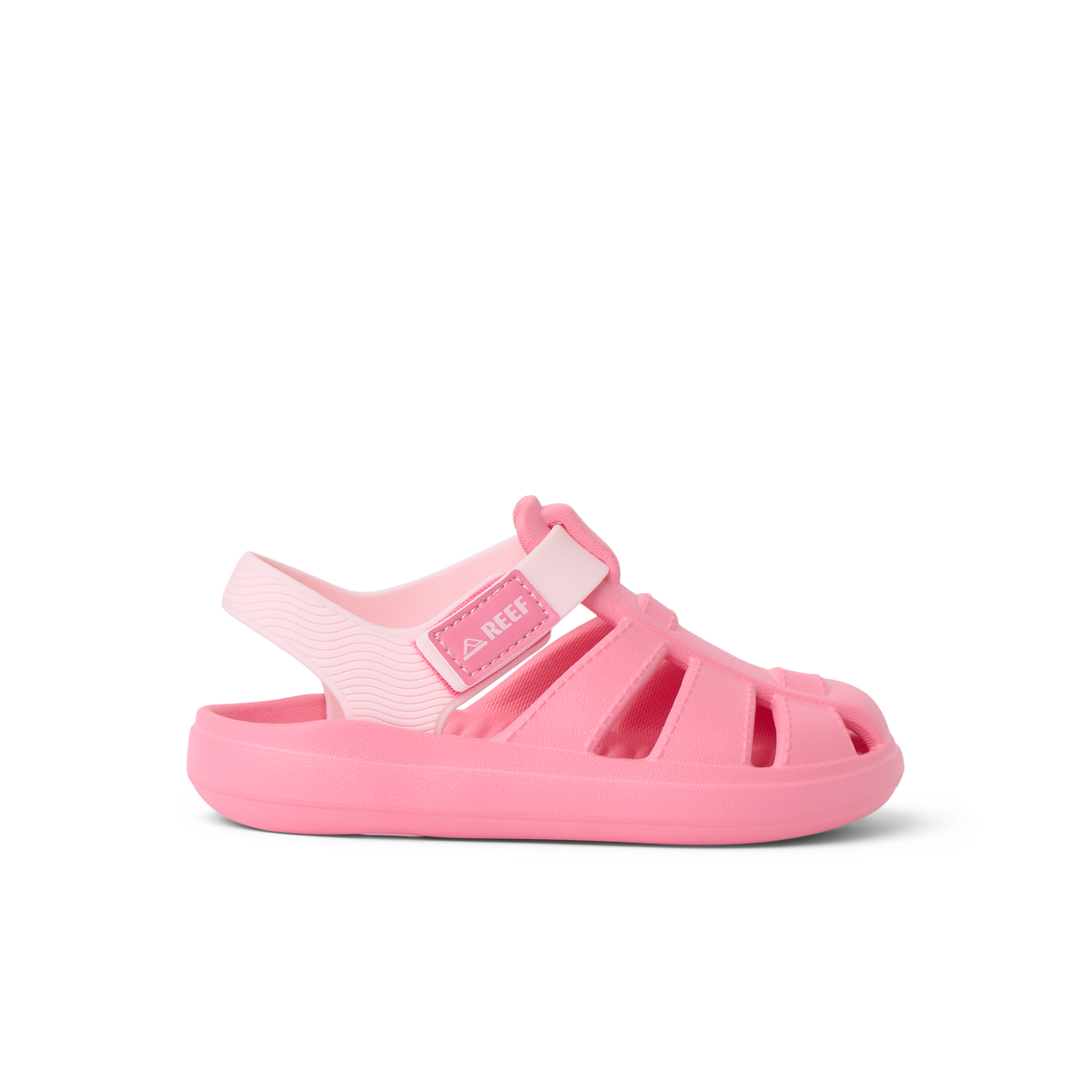 Little Totally Beachin pink girls sandal facing right, showing side with comfort-focused arch support and cushioning.