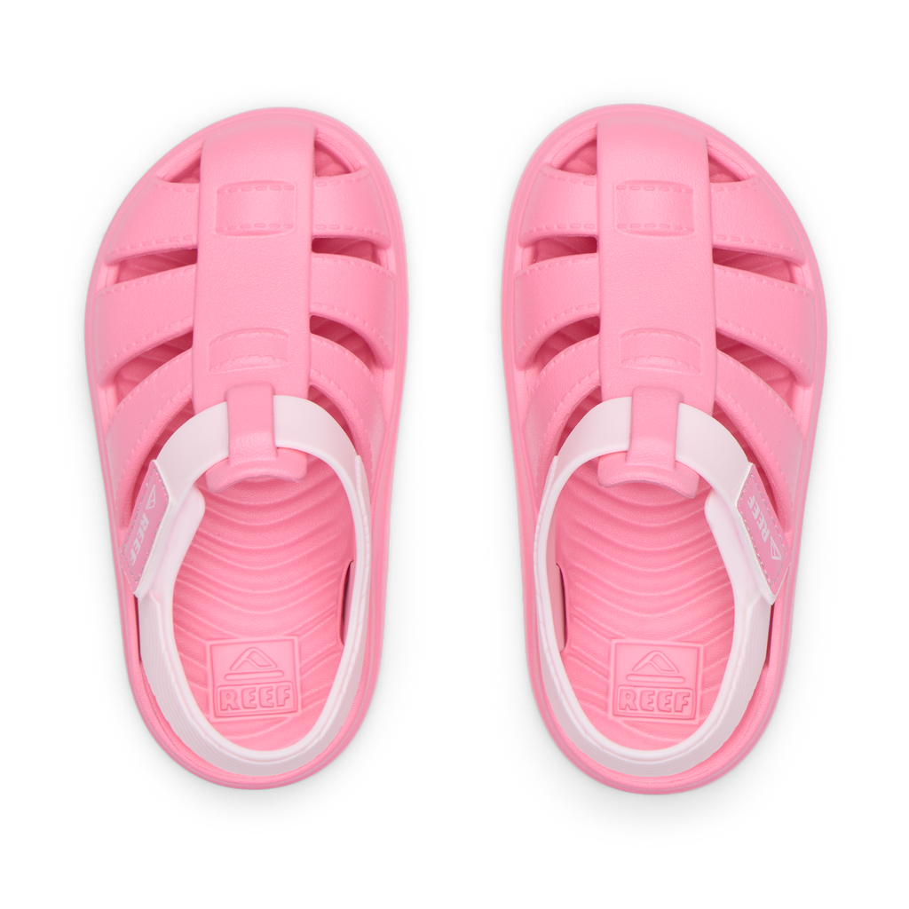 Little Totally Beachin pink girls' sandals, top view, water-friendly, cushioned footbed, surf-inspired comfort shoes.