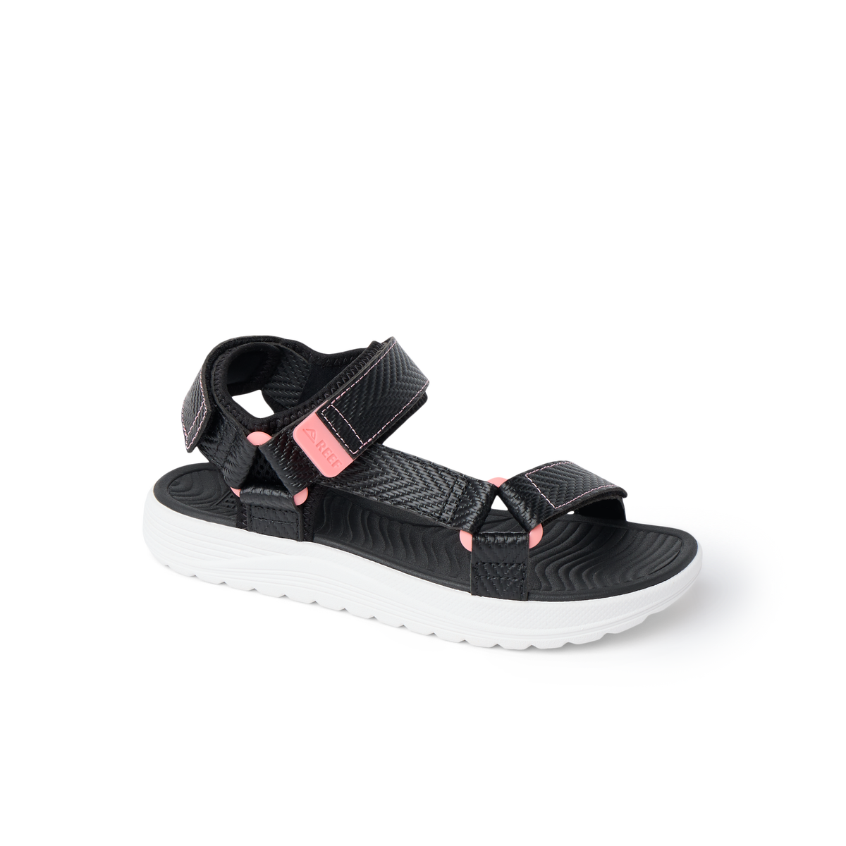 Kids Shoremazing sandal facing right, black and pink with cushioned arch support and water-friendly sole