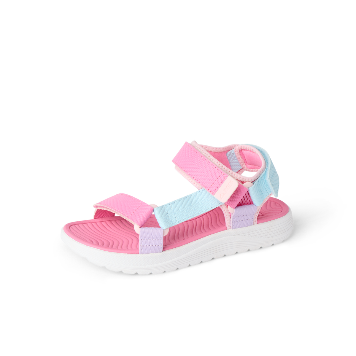Kids Shoremazing girl’s sandal facing right with pink and blue straps, cushioned sole, and arch support for beach comfort.