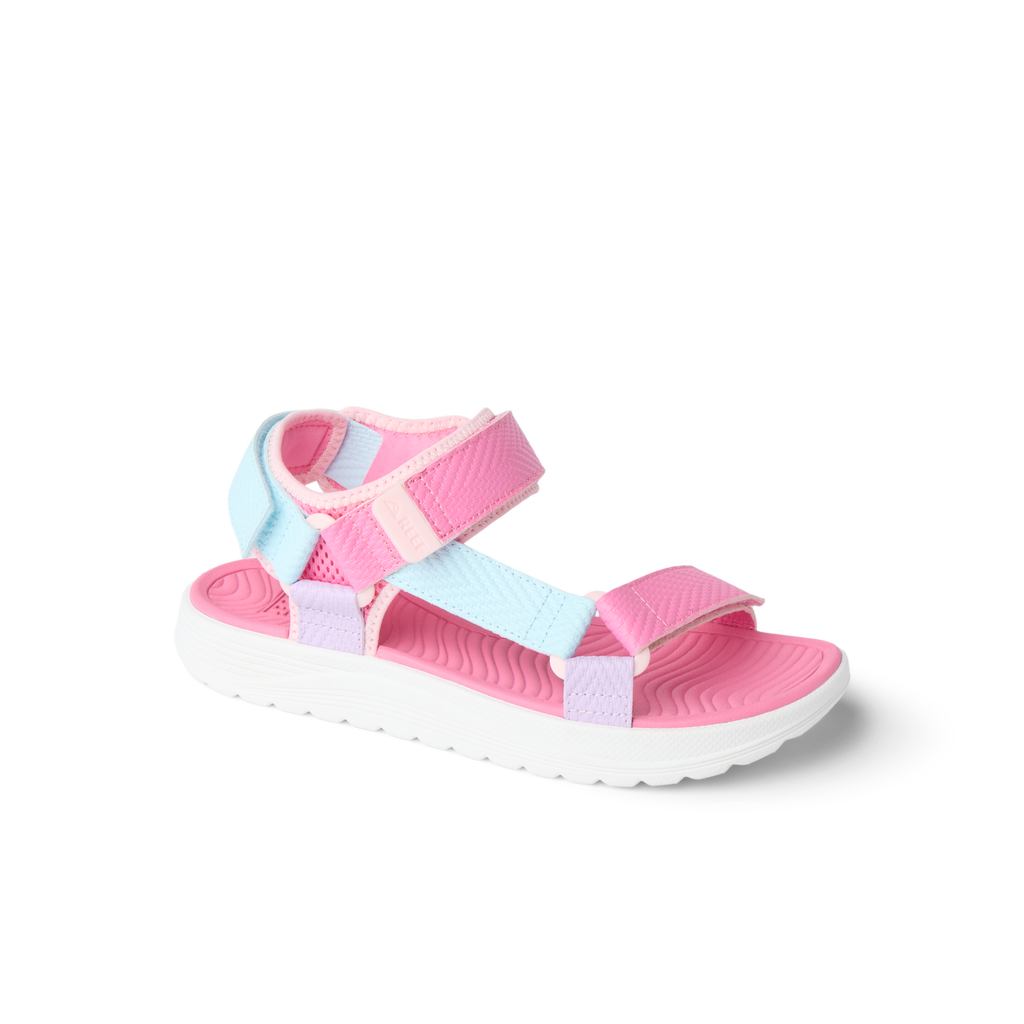 Kids Shoremazing girls sandal facing left with pink and blue straps, soft cushioning, and anatomical arch support for comfort.
