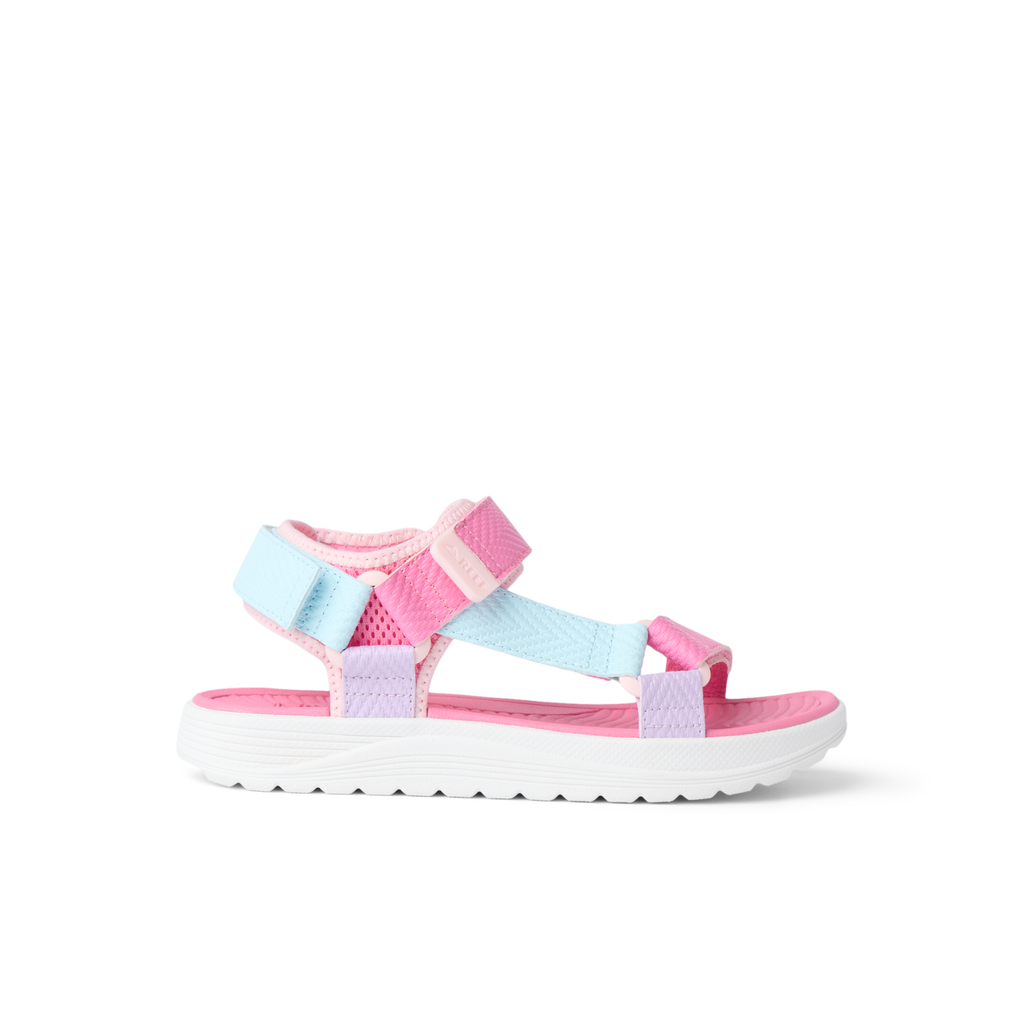 Kids Shoremazing sandal for girls facing left, close-up of straps and cushioned sole designed for beach comfort.
