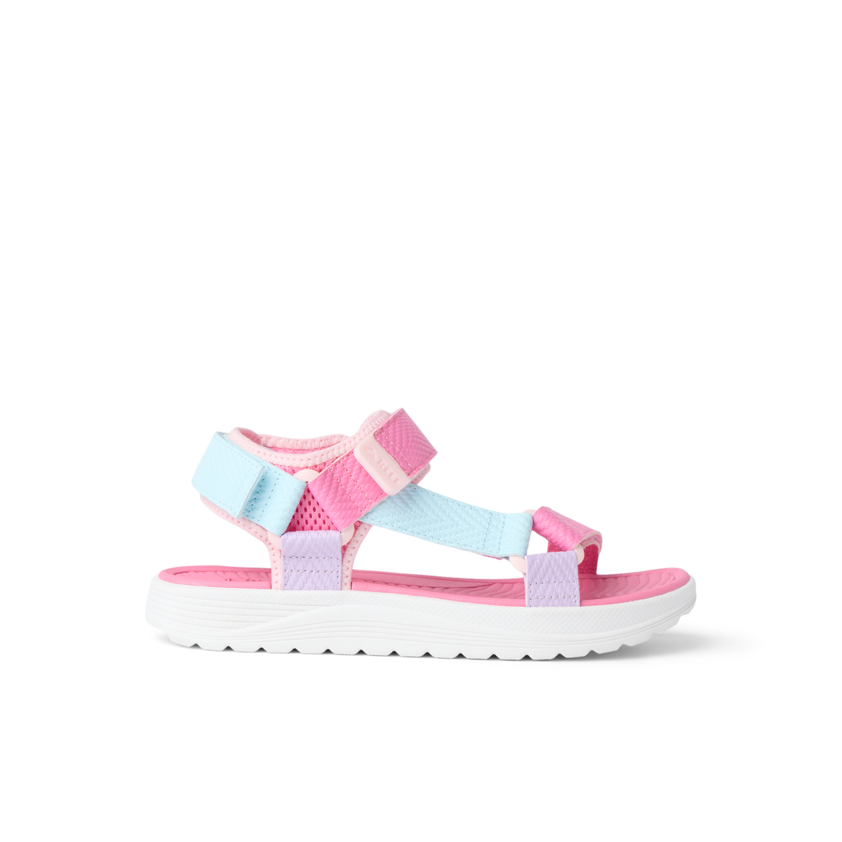 Kids Shoremazing sandal for girls facing left, close-up of straps and cushioned sole designed for beach comfort.