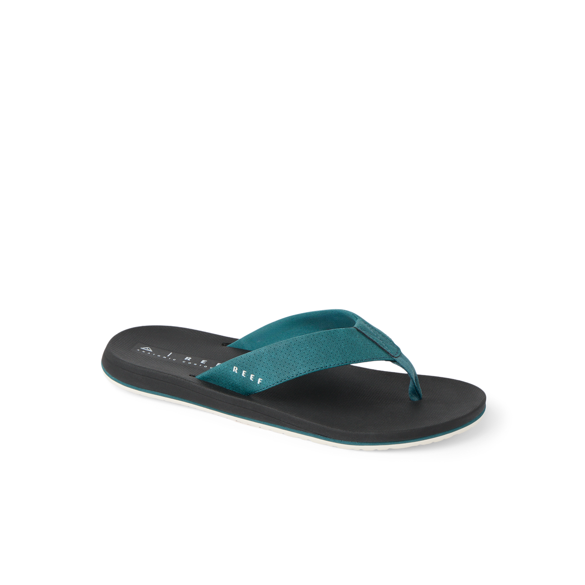 Nox men's sandal facing right, close-up of teal strap and black cushioned footbed with arch support and water-friendly design.