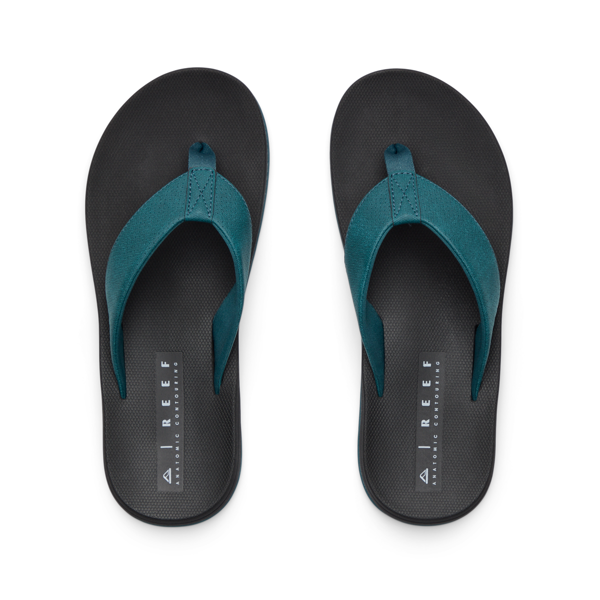 Top view of Nox men's flip flops in black with teal straps, featuring anatomical arch support and soft cushioning for all-day comfort.