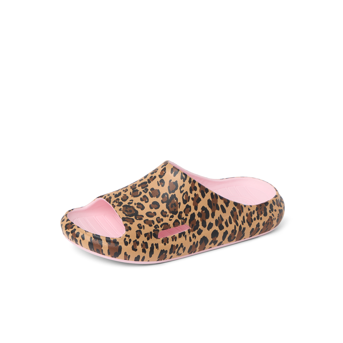 Kids Rio Slide facing right, leopard print with pink footbed, water-friendly and comfort-focused beach slides for kids.