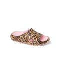 Kids Rio Slide facing right, leopard print with pink cushioned footbed, water-friendly and comfort-focused beach slide.