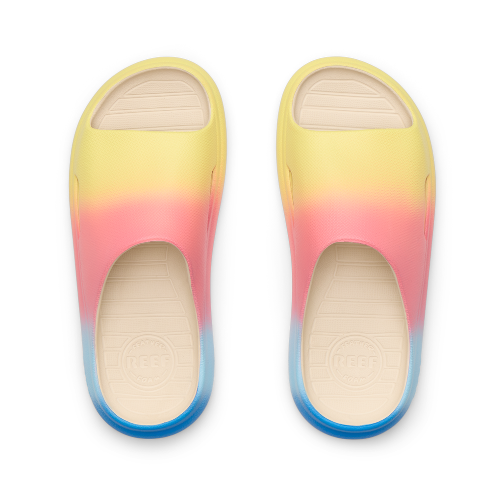 Kids Rio Slide showing top view of blue, pink, and yellow water-friendly slides with anatomical arch support.