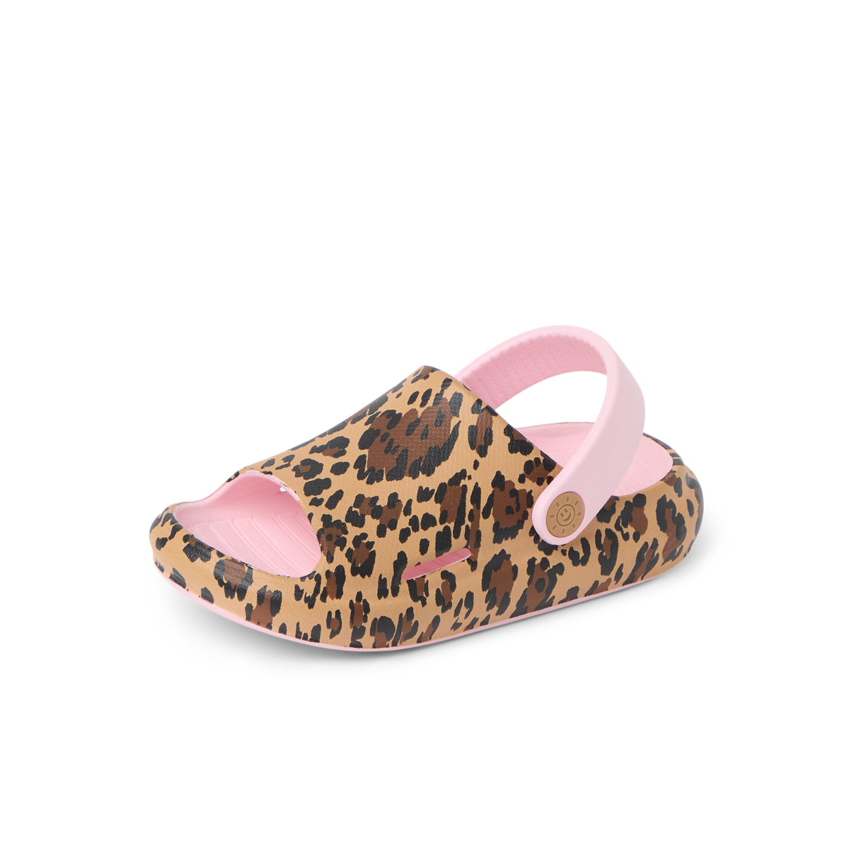 Little Rio Slide facing left, cheetah print with pink strap, close-up of front and side showing comfort-focused design.