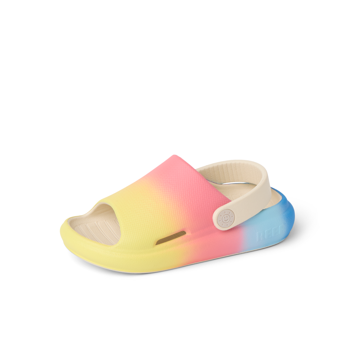 Little Rio Slide unisex toddler slide facing left with yellow, pink, and blue gradient, cushioned sole, and adjustable heel strap.
