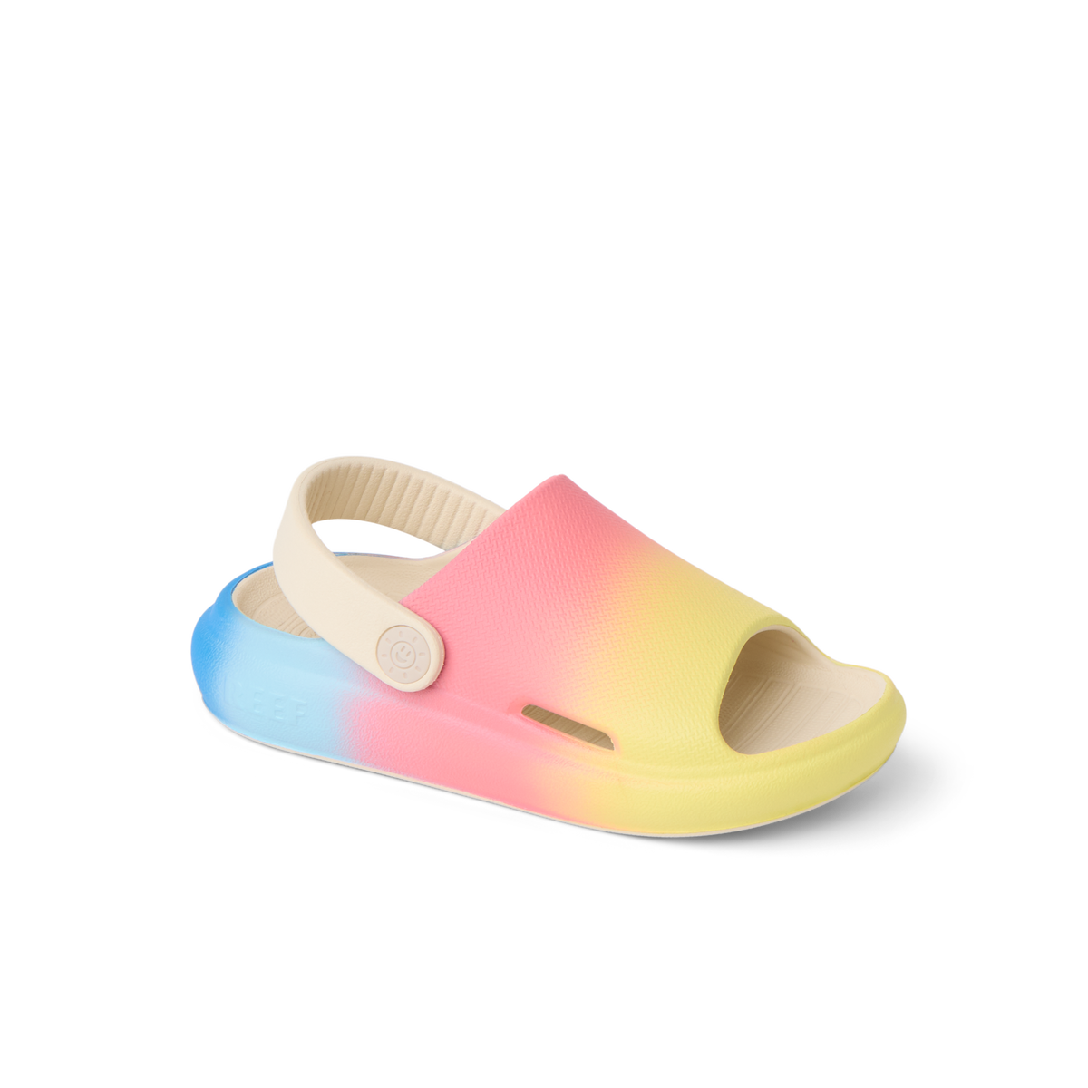 Little Rio Slide sandal facing right, showing side and top view with colorful gradient and heel strap for kids.