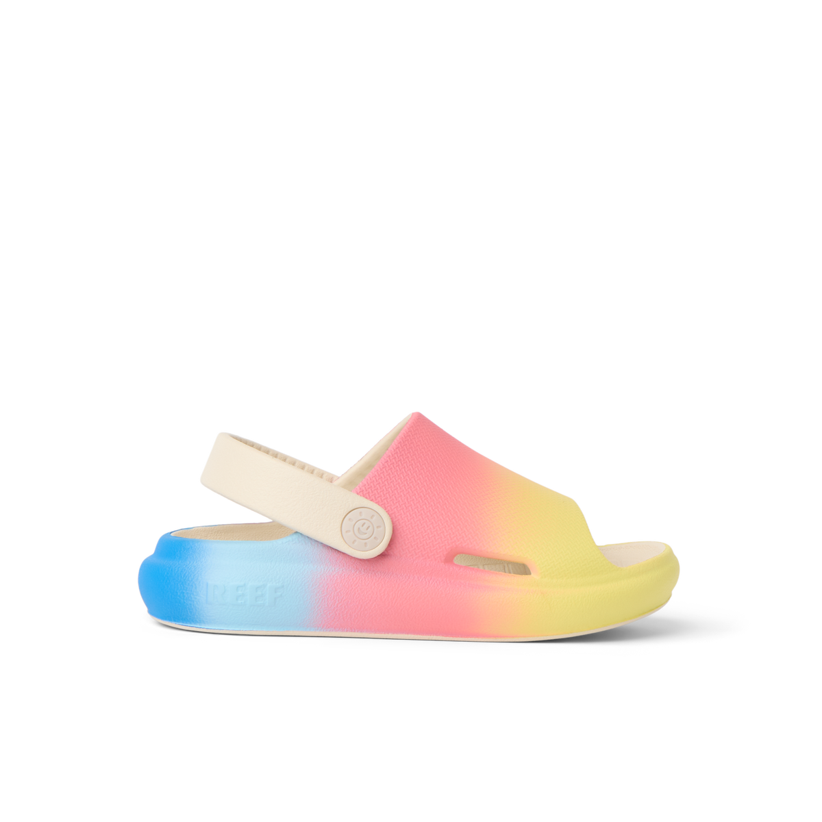 Little Rio Slide showing left side profile, unisex toddler slide in blue, pink, and yellow with cushioned water-friendly sole.