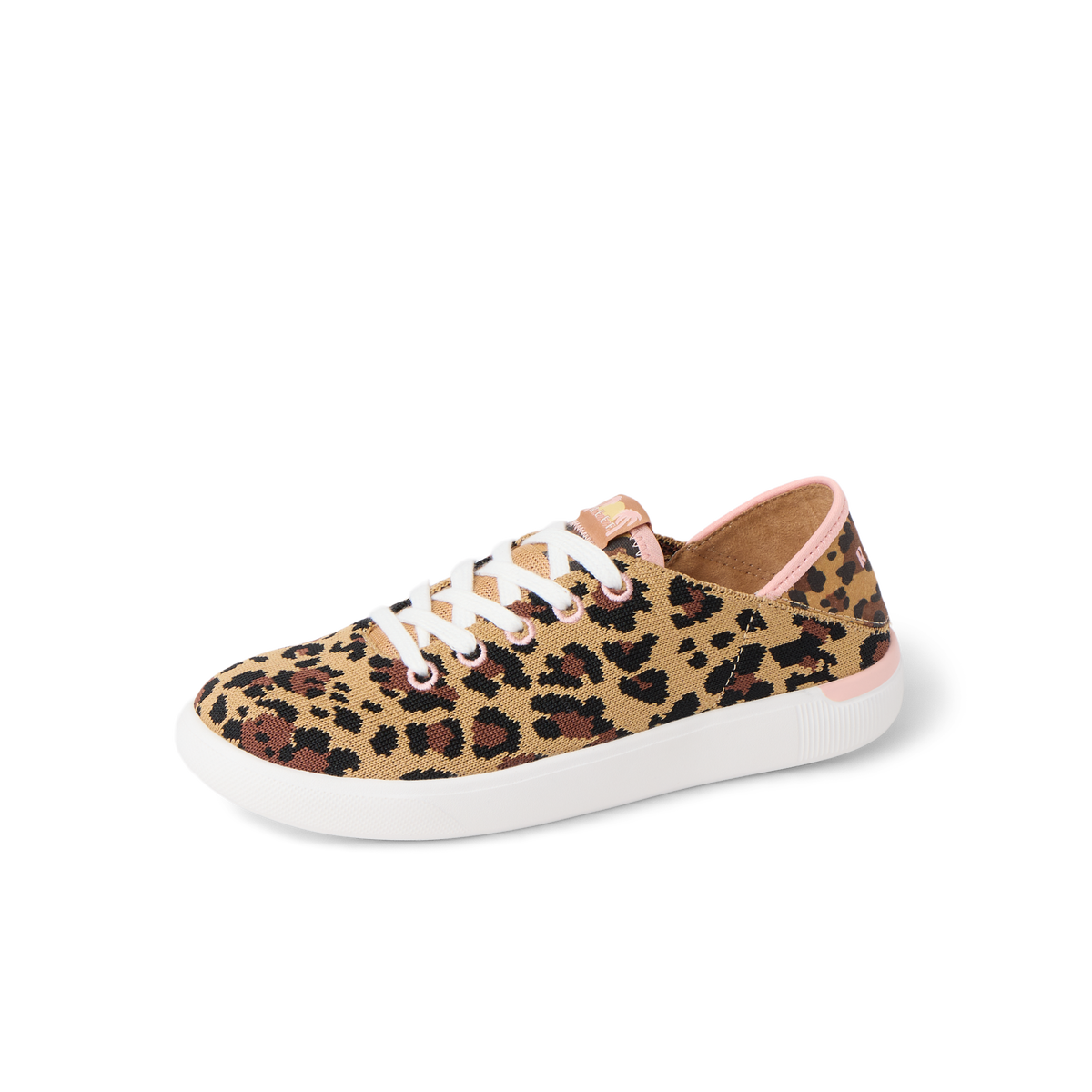 Kids Neptune unisex left-facing sneaker with leopard print, white sole, and pink trim, designed for comfort and durability.