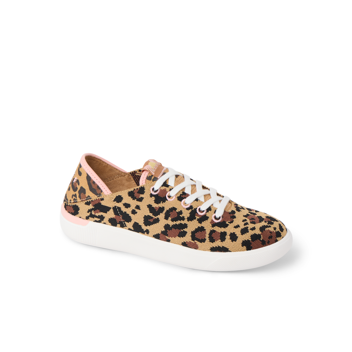 Kids Neptune left-facing sneaker with leopard print, white sole, and comfort features for active beach lifestyles.