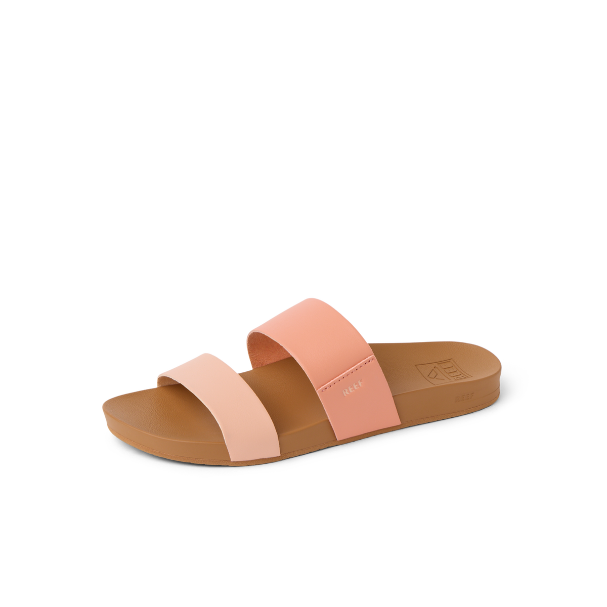 Cushion Vista women's slide sandal facing right, peach and light pink straps, soft-rebound cushioning for beach comfort.