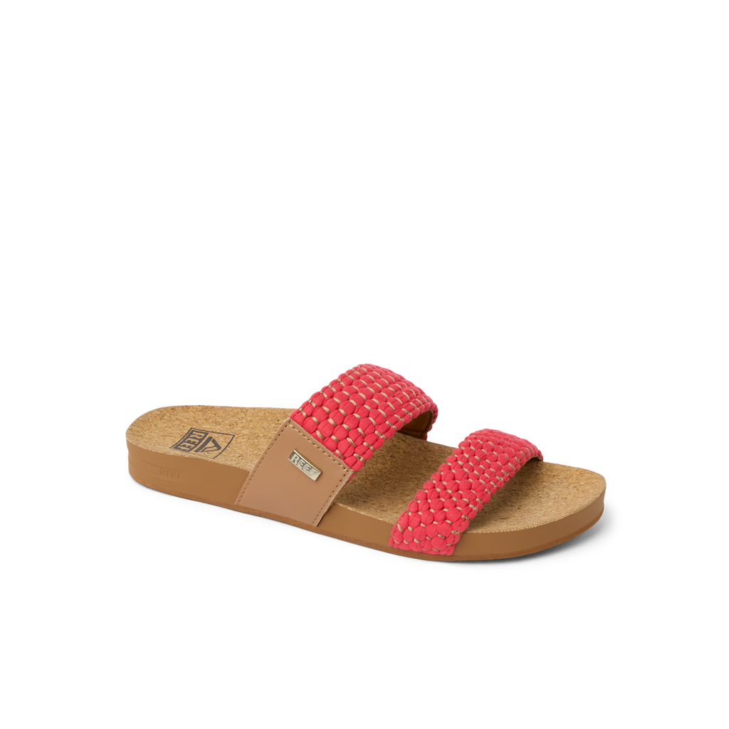 Cushion Vista women's sandal facing right with coral woven straps, anatomical arch support, and cushioned footbed for comfort.