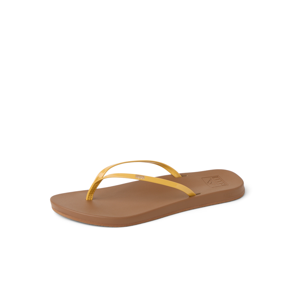 Cushion Slim womens sandal facing right with golden apricot straps, soft-rebound cushioning, and arch support for beach comfort.