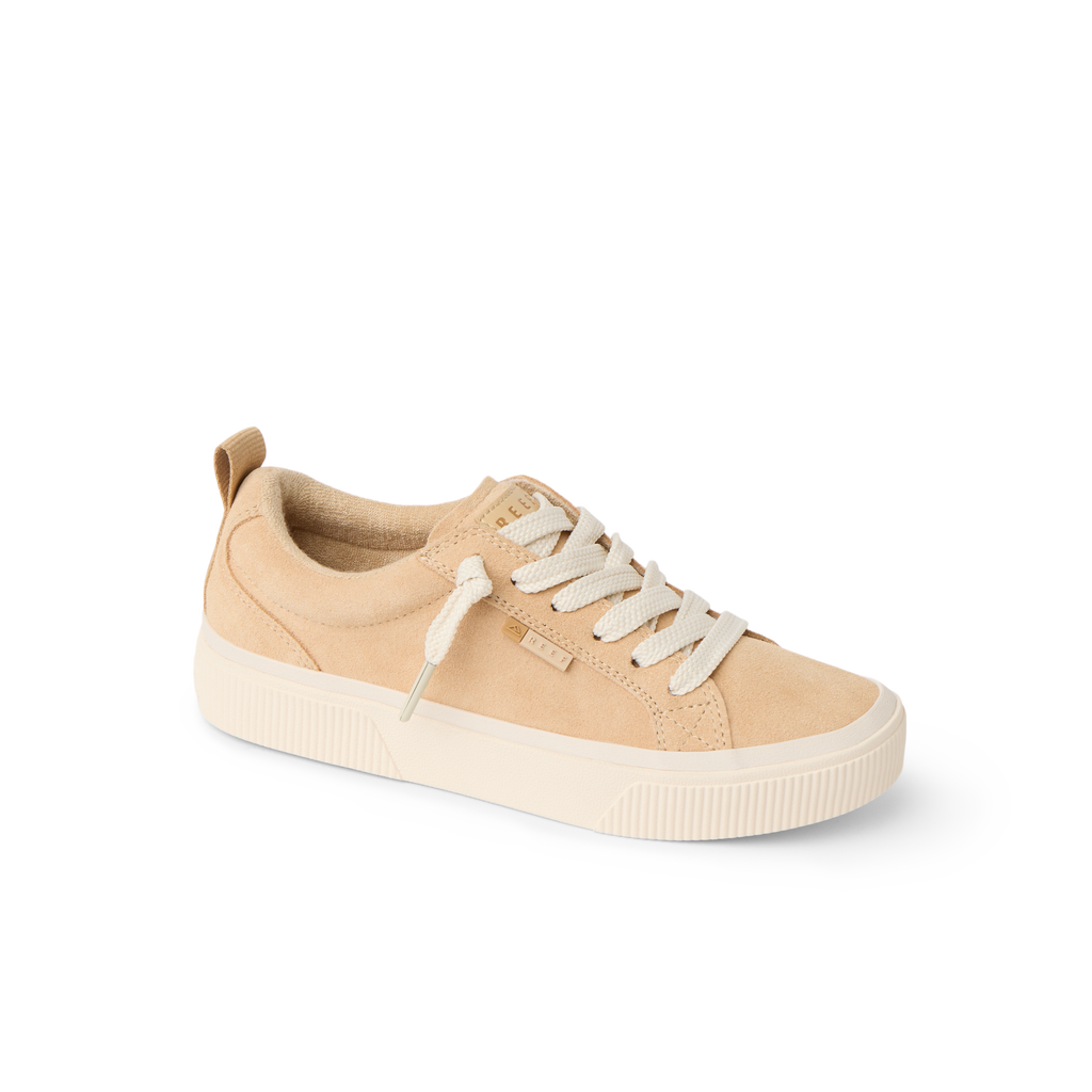 Lay Day Dawn women's tan sneaker facing left, showing side and top with soft-rebound cushioning and arch support