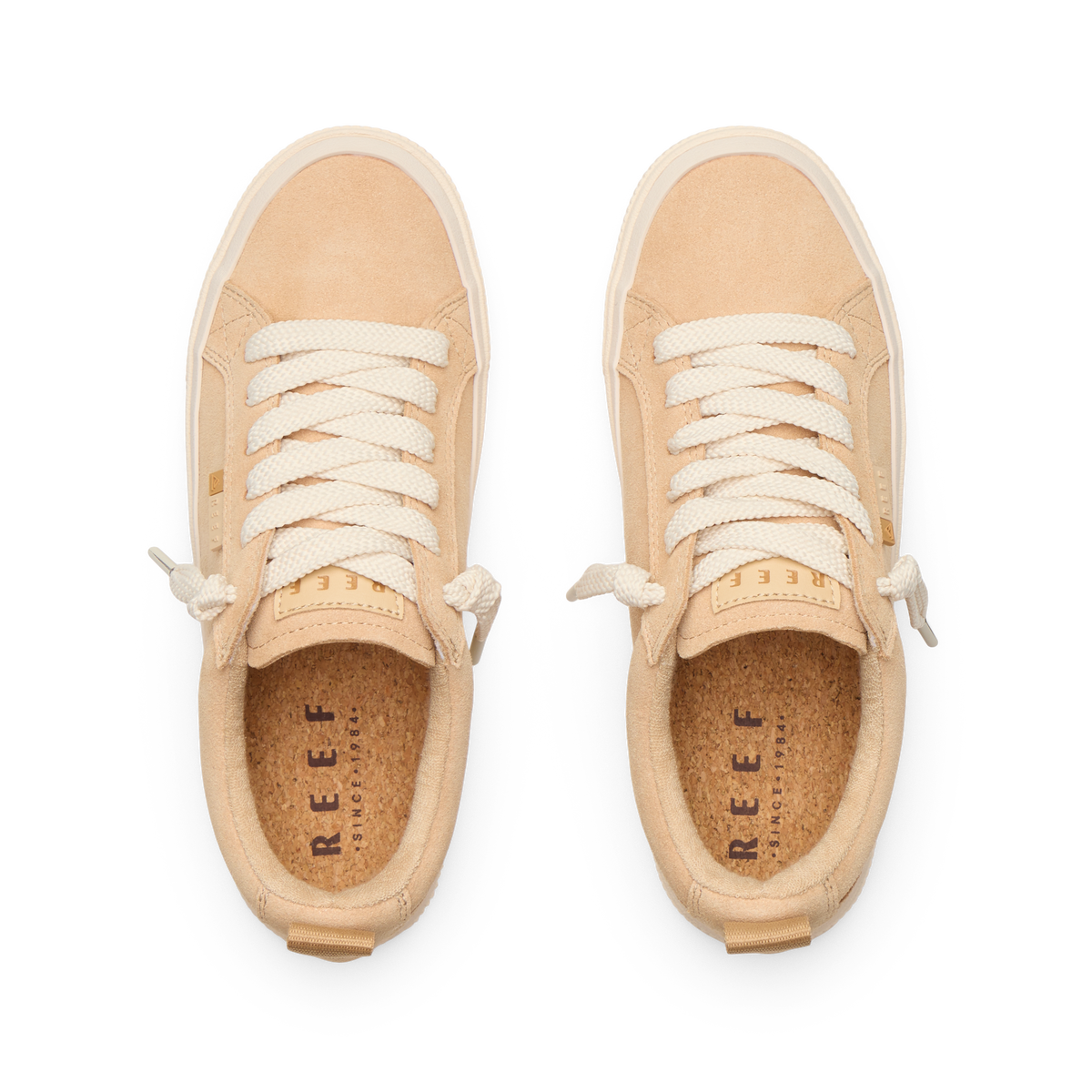 Lay Day Dawn women's tan sneakers top view showing laces and cushioned footbeds, beach-inspired comfort by REEF.